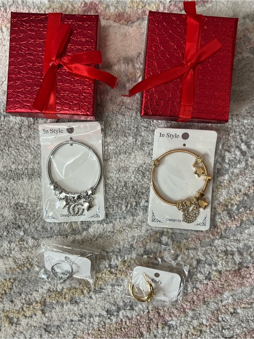 Women’s Charm Bangle Bracelet and Earrings - Silver and Gold